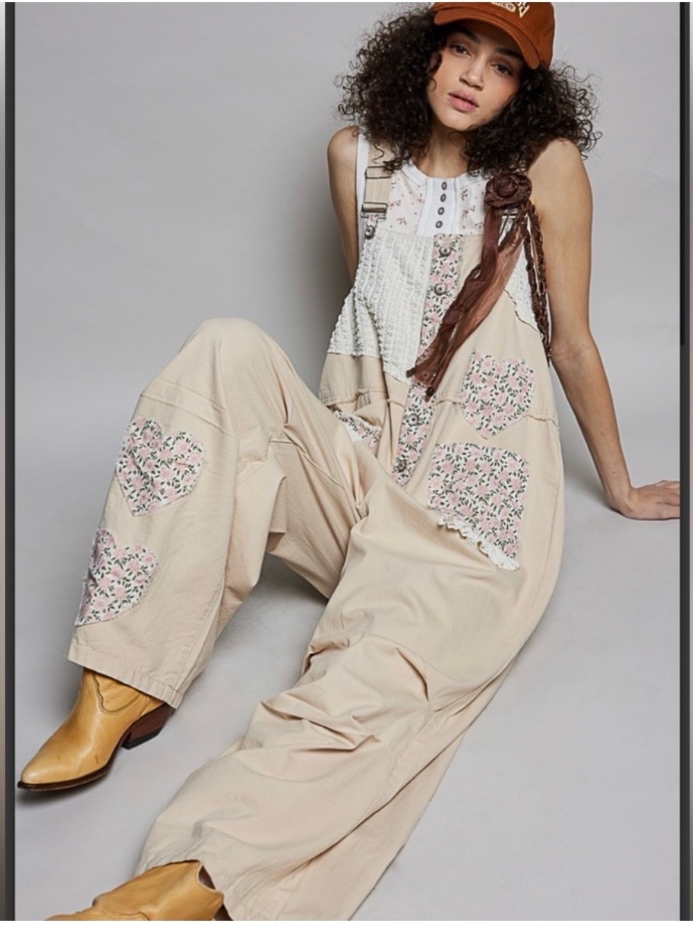 POL Cream Patchwork Wide-Leg Jumpsuit with Floral Trim - Picture 4 of 7